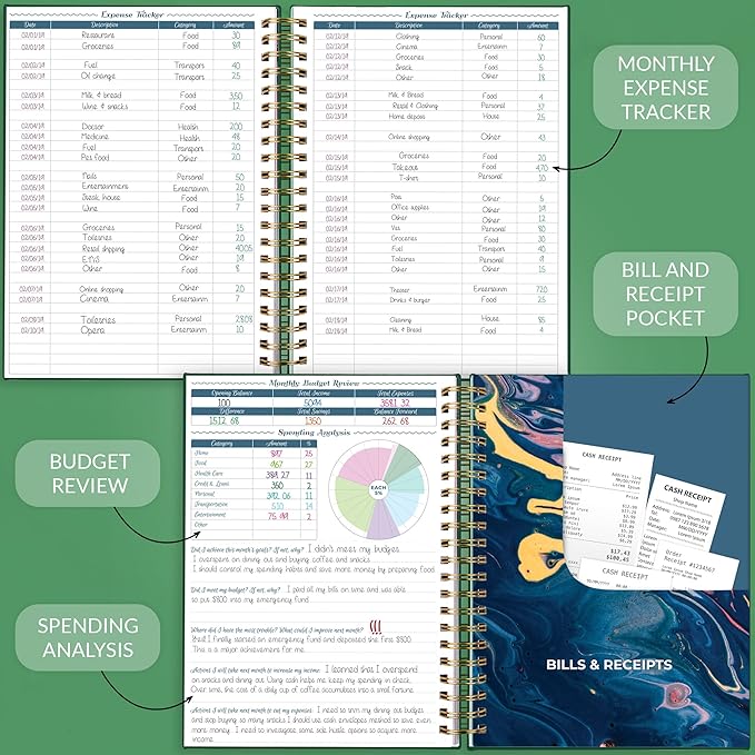 GoGirl Budget Planner & Monthly Bill Organizer – Monthly Financial Book with Pockets. Expense Tracker Notebook Journal, Large (Dark Green)