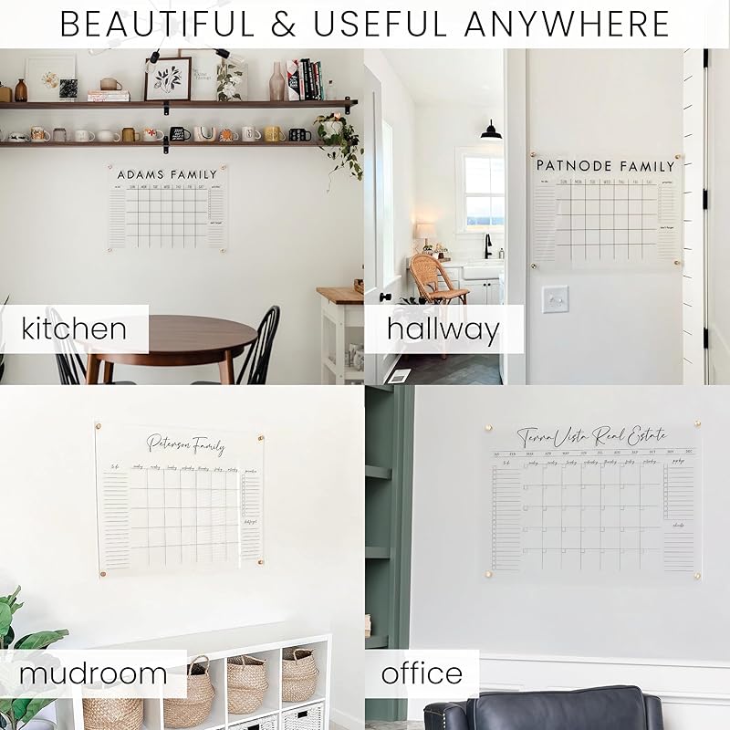 Personalized Clear Acrylic Calendar for Wall, Calendar Whiteboard for Wall, Dry Erase Wall Calendar, Wall Calendar Organizer System for Home (Block, Black, 47.5"W x 36"H)