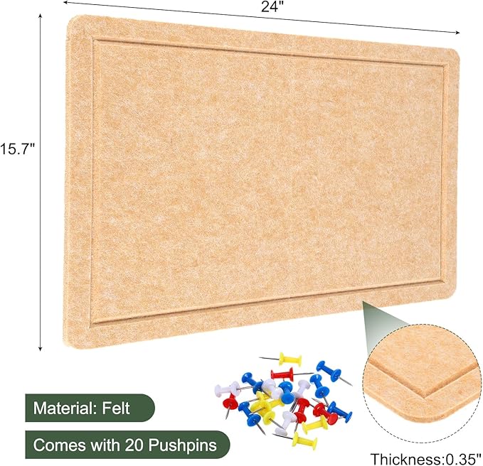 YOKIVE Felt Bulletin Board, 24 x 15.7 -Inch Foldable Decorative Pin Board Self Adhesive Felt Cork Board with 20 Pushpins, Great for Wall, Photo Display, Paste Note, Schedule(Beige Brown)