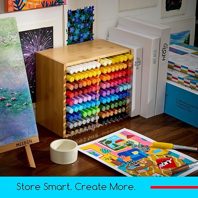 MEEDEN Bamboo Marker Holder Organizer: Holds 126 Pens with 18 Compartments- Art Supply Storage & Holder for Alcohol Markers，Pens，Pencils