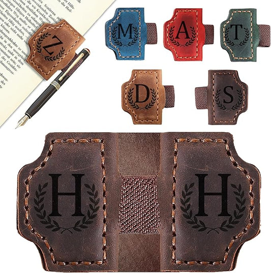Bygone Mark Bookmark with Pen Holder, 26 Letters Name Initial Personalized Magnetic Bookmarks, Leather Book Mark for Men Women, Travelers Accessories, Teachers Readers Book Lovers Gifts (Coffee, H)