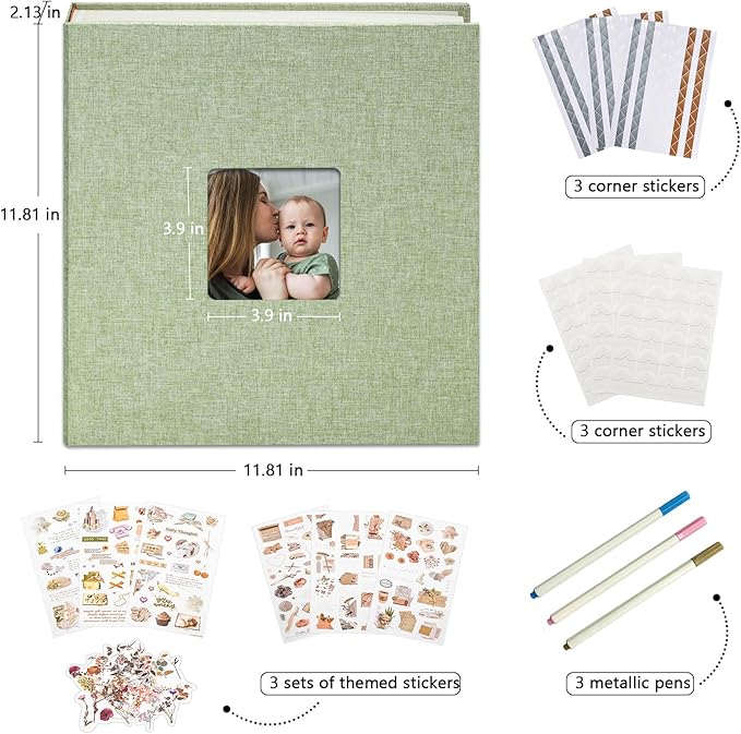 Vienrose Premium Scrapbook Photo Album with Writing Space 12"x12", DIY Scrapbook Album with 100 Pages, Large Photo Book for Baby Family Travel Vacation, Grass Green