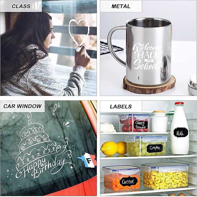 White Liquid Chalk Markers Set, Pack of 10 White Chalkboard Paint Pens with 12 Chalkboard Labels, 5 Stickers, Perfect for Chalkboards, Bistro Boards, Glass and Metal