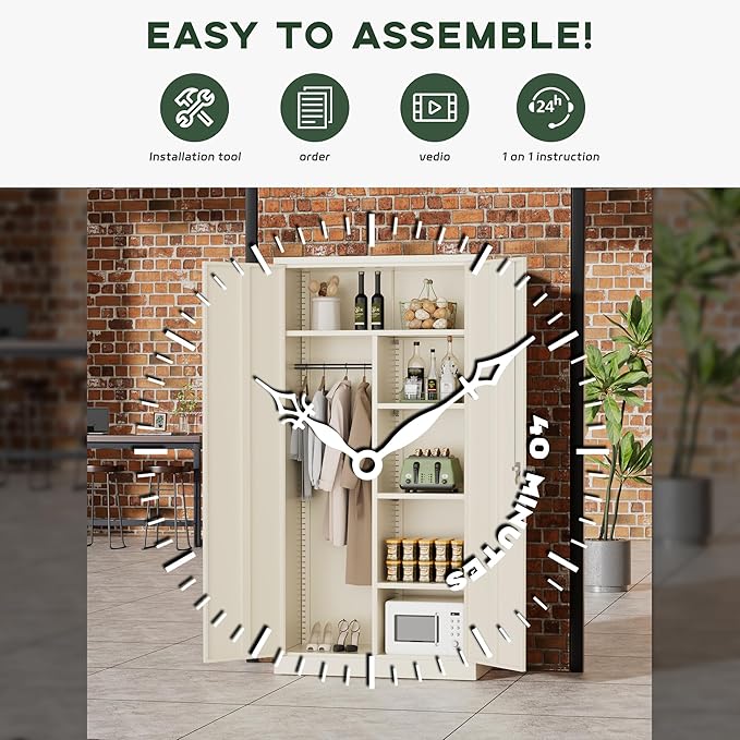 Greenvelly Metal Wardrobe Cabinet with Lock Door, 72" Metal Wardrobe Closet with Hanging Rods and Adjustable Shelves, Clothing Storage Closet Cabinet for Home, Office, Employee, Gym (Grey)