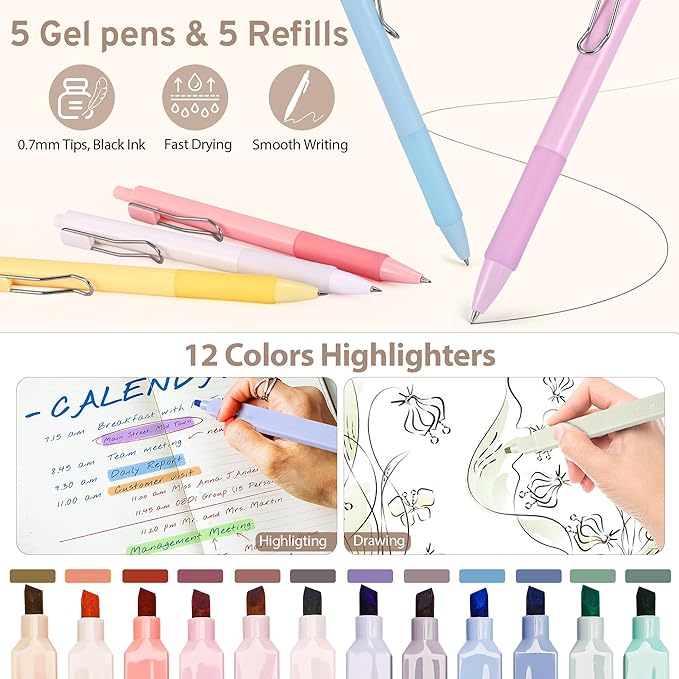 DazSirit 62 PCS Aesthetic School Supplies with Foldable Pencil Case, 12 Pastel Highlighters, 4 Erasable Pens, 5 Gel Pens, 6 Mechanical Pencils, Sticky Notes, Complete Stationery Kit for Teens, Pink