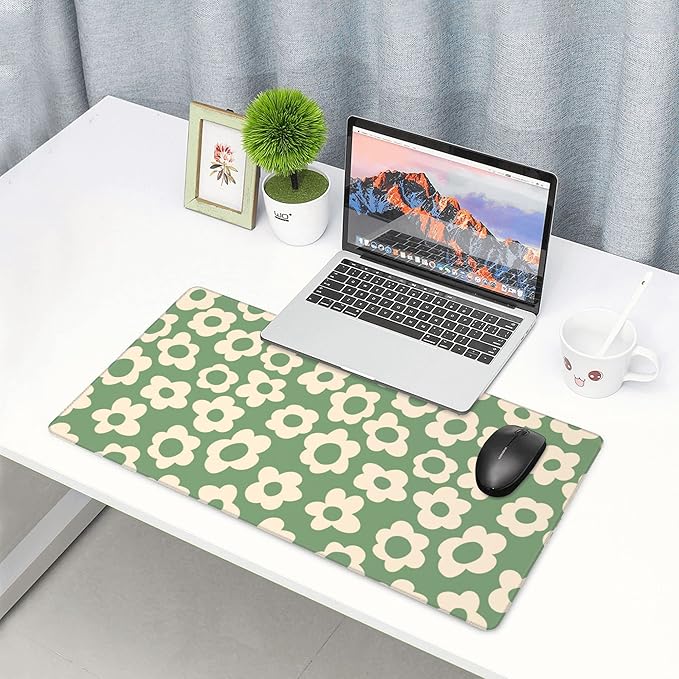 Desk Mat,Vintage Groovy Flowers Extended Gaming Mouse Pad for Office Work & Game,Computer Keyboard Mouse Mat Desk Non-Slip Rubber Base Large Mousepad with Stitched Edges, 31.5x15.7inch