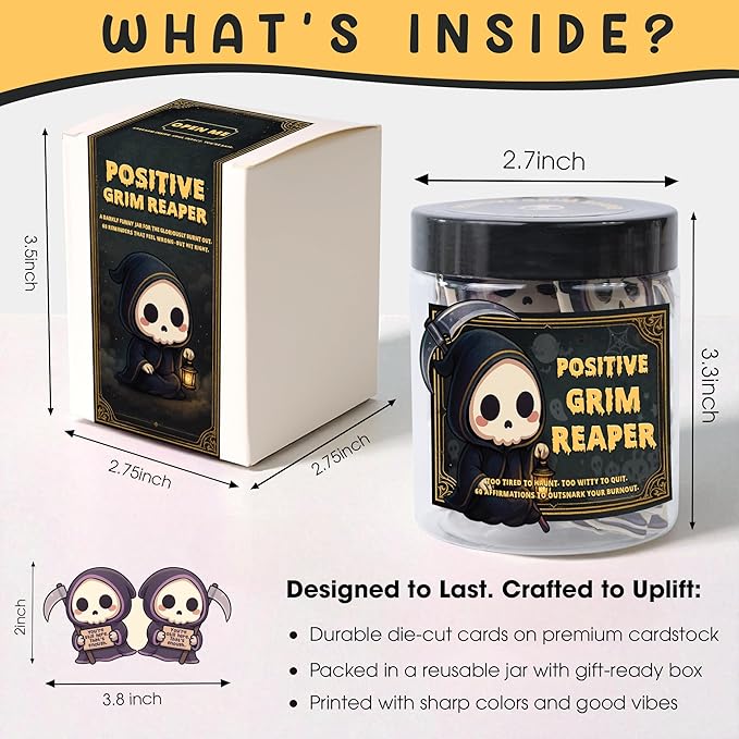 Positive Grim Reaper Jar – Funny Emotional Support Grim Reaper, 60 Dark Humor & Funny Affirmation Notes, Halloween Gifts for Women, Men, Coworkers, Cute Halloween Basket Gift Idea, Fall Gifts Basket