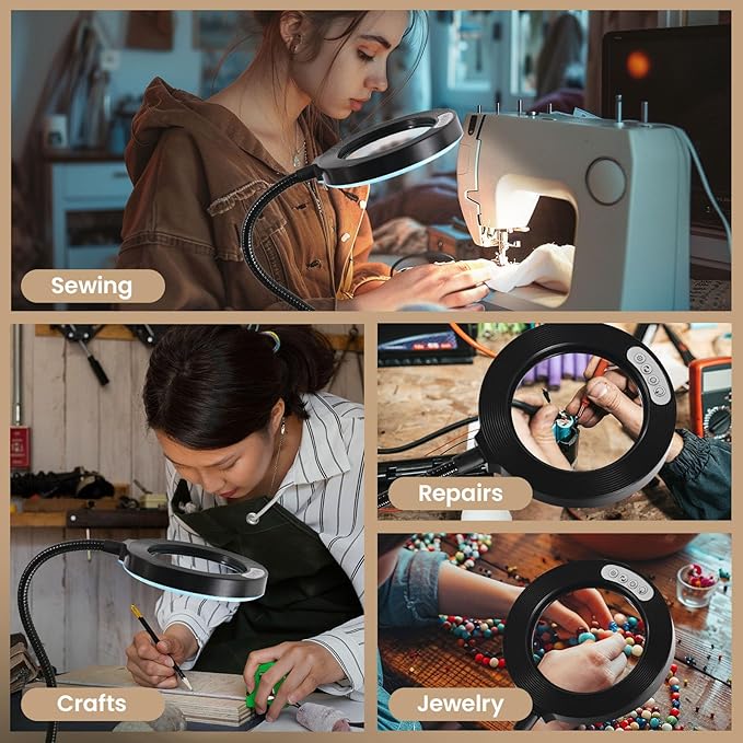 10X Magnifying Glass with Light and Timer, 2 in 1 Magnifying Desk Lamp, 3 Color Modes 10 Dimmable Brightness, Flexible Gooseneck Magnifier with Light for Craft Hobby Painting Sewing Close Work