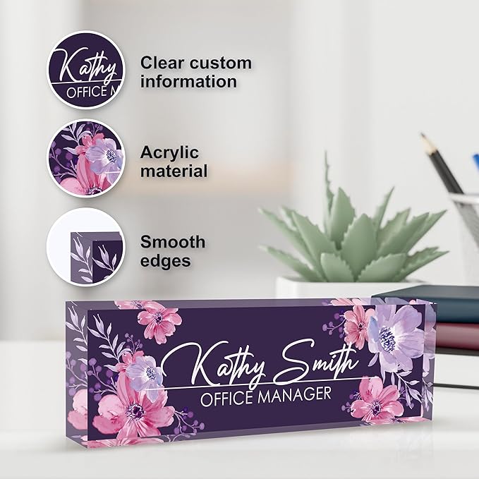 Personalized Name Plate for Desk, Custom Desk Name Plate, Acrylic Name Plate Office Desk Accessories, Personalized Office Gifts for Coworkers Teachers, Employee Appreciation Gifts (B-Watercolor)