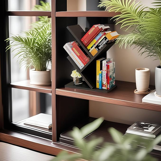 Godferyxin Tree Bookshelf, 3-Tier Wood Small Bookshelf and Mini Bookcase for Office, Home or School Desk Book Shelf for for Displaying Books, CDs, Magazines Wood Storage Rack
