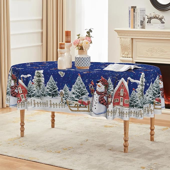 Horaldaily Christmas Tablecloth 60×84 Inch Oval, Winter Snowman House Christmas Trees Blue Washable Table Cover for Party Picnic Dinner Decor