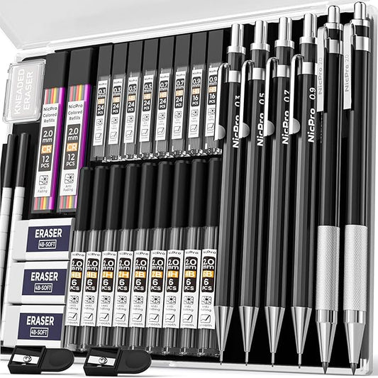 Nicpro 34PCS Black Art Mechanical Pencils Set, Metal Drafting Pencil 0.3, 0.5, 0.7, 0.9 mm & 2PCS 2mm Lead Holder (6B 4B 2B HB 2H 4H Colors) For Sketching Drawing With 19 Tube Lead Refills Case