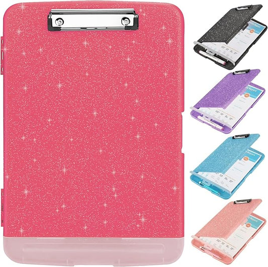 Glitter Clipboard with Storage,Storage Clipboard with Pen Holder,A4 Binder Clip Boards 8.5x11 with Low Profile Clip,Side Opening Sparkle Clipboards,Clipboards Folder for Office Supplies-Rose Red