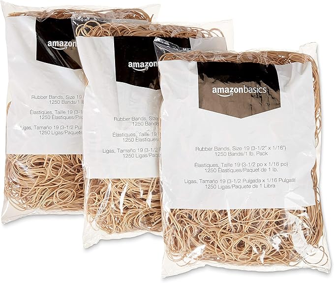 Amazon Basics Rubber Bands, Size 19 (3-1/2 x 1/16 Inch), 1250 Bands/1 lb. Pack, 3-Pack, Tan