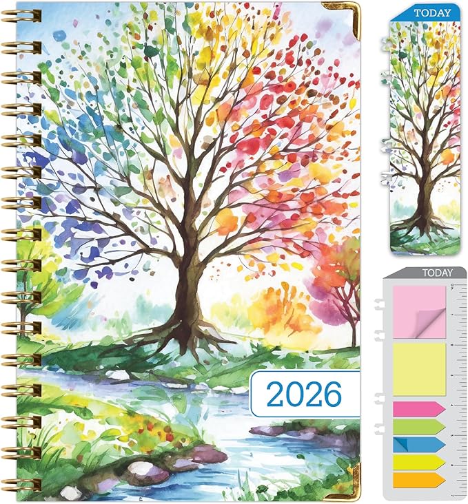 HARDCOVER 2026 Planner, 5.5"x8": 14 Months (November 2025 - December 2026), Daily Weekly Monthly Planner, Yearly Agenda, Bookmark, Pocket Folder and Sticky Note Set (Tree Seasons)