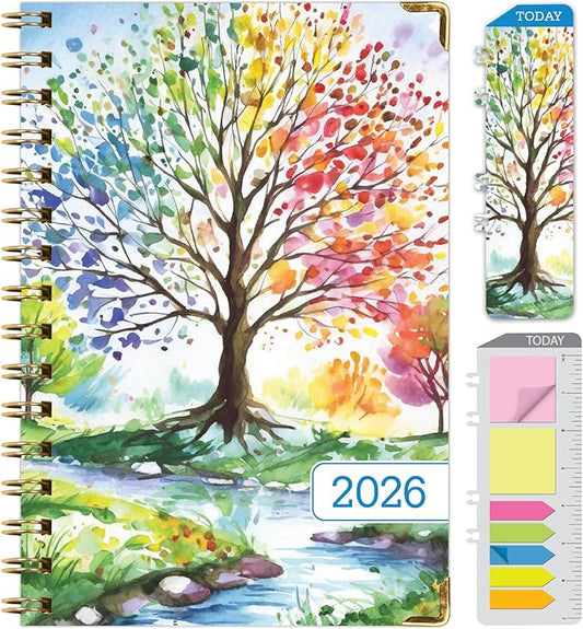 HARDCOVER 2026 Planner, 5.5"x8": 14 Months (November 2025 - December 2026), Daily Weekly Monthly Planner, Yearly Agenda, Bookmark, Pocket Folder and Sticky Note Set (Tree Seasons)