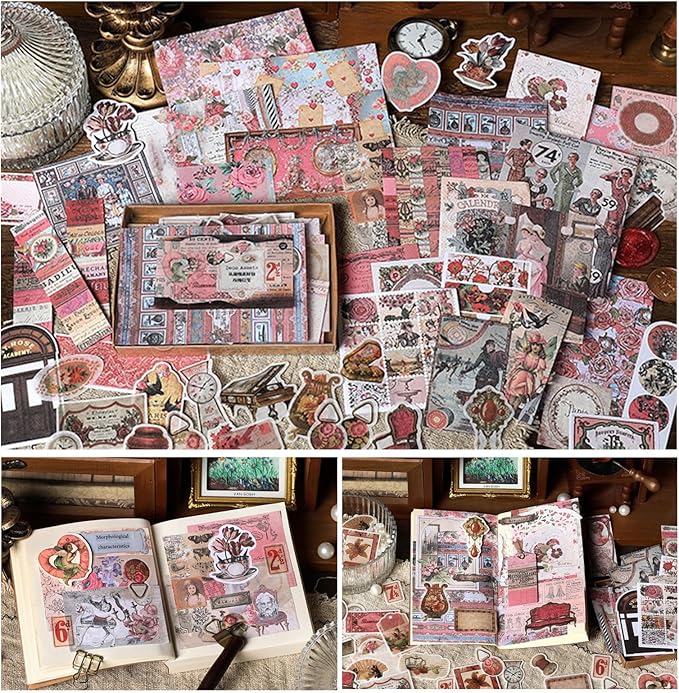 200PCS Vintage Scrapbooking Supplies Pack, Aesthetic Scrapbook Sticker Paper Art Journaling Kit for Bullet Junk Journals,Planner,Cottagecore Decor Gifts (Pink Retro Collection)