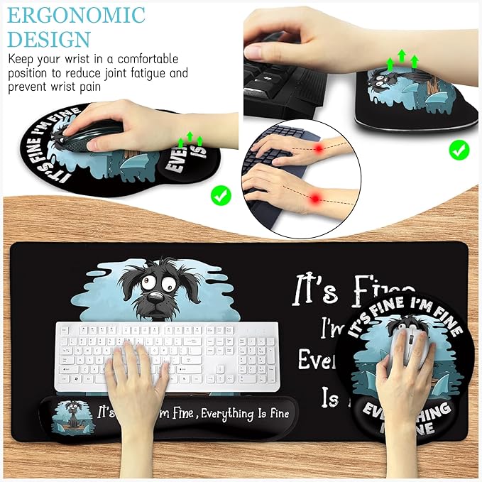 Funny Dog Mouse Pad Set Large Desk Mat With Wrist Rest for Gaming, Ergonomic Mousepad, Keyboard Mat, Cup Coaster Set, Office Accessories - It's Fine