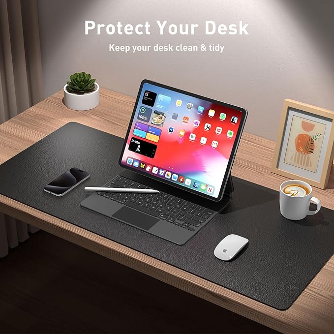 Aothia Leather Desk Pad Protector, Mouse Pad, Office Desk Mat, Non-Slip PU Leather Desk Blotter, Laptop Desk Pad, Waterproof Desk Writing Pad for Office and Home (48"x17", Black)