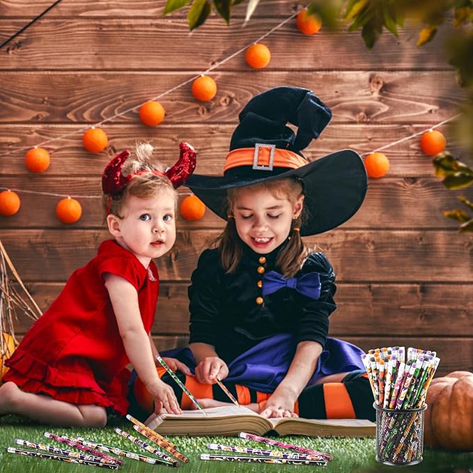 LOMIMOS 120pcs Halloween Pencil Bulk,Colorful Wooden with Eraser 12 Patterns Stationery for Kid Trick or Treat Gift Prize Party Favor School Office Supply Goody Bag Classroom Reward