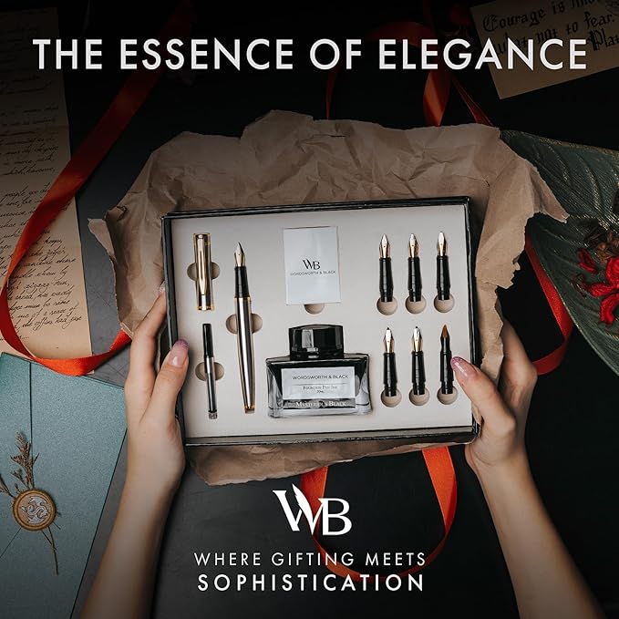 Wordsworth & Black Calligraphy Pen Gift Set, Includes Bottle, 6 Cartridges, Refill Converter, 6 Replacement Nibs, Premium Package, Journaling, Smooth Writing Pens [Silver Gold]