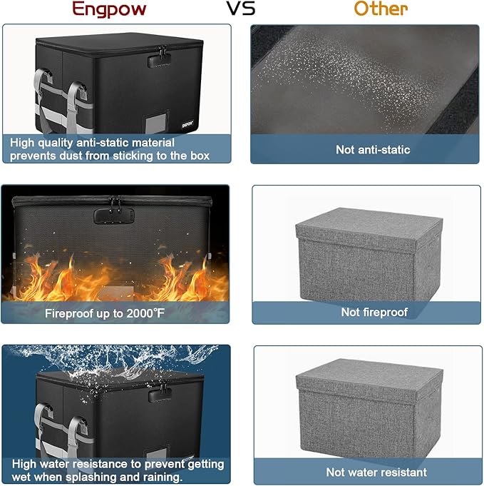 ENGPOW File Box with Lock, Fireproof Document Box with Pockets, Collapsible File Organizer Filing Storage Cabinet with Handle, Portable Home Office Safe for Hanging Letter/Legal Folders,Black,2 Pack