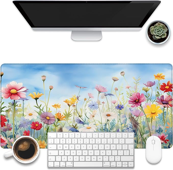 Large Gaming Mouse Pad, Colorful Wildflowers in Field Desk Mat, Watercolor Flowers Desk Pad, 31.5"x15.7" Extended Big Computer Keyboard Mouse Pad with Non-Slip Base and Stitched Edge