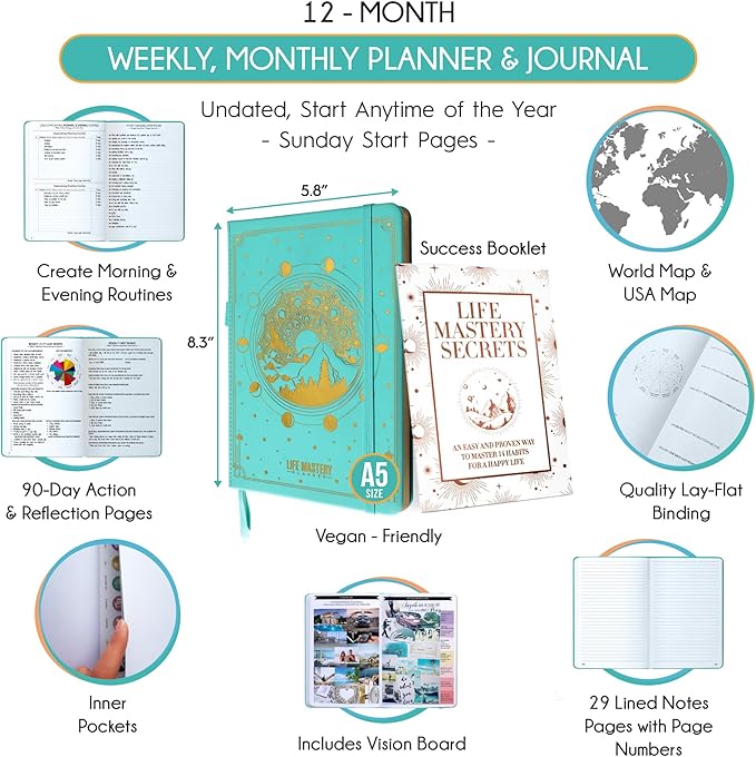 Life Mastery Planner - A 12 Month Journey to Crush Your Goals, Increase Productivity, Passion, Success & Happiness - Weekly & Monthly Life Planner, Habit-Tracker, Gratitude Journal & Organizer, A5