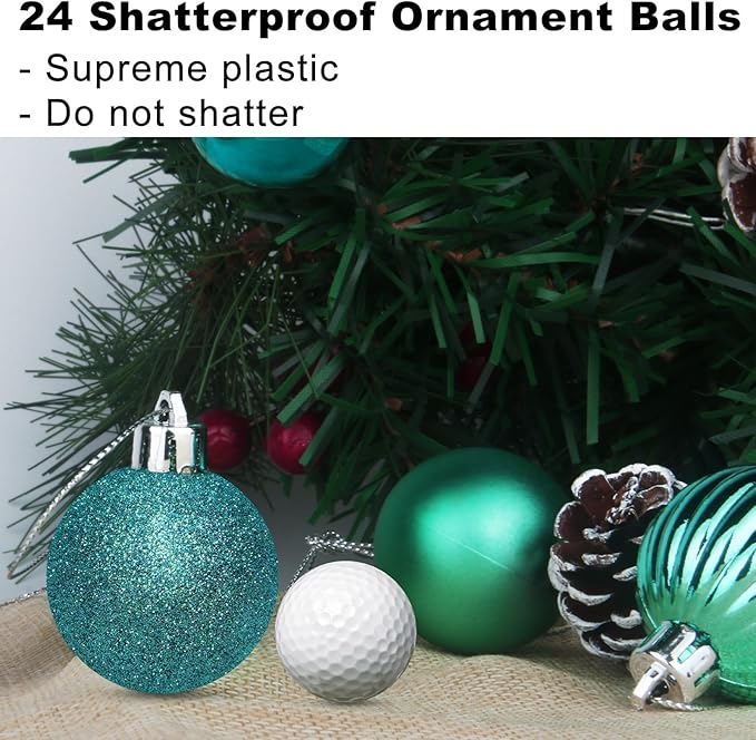Teal 2.5" Christmas Balls Christmas Tree Decoration Ornaments Shatterproof Hanging Balls for Birthday Halloween Holiday Wedding Decorations Set of 24pcs