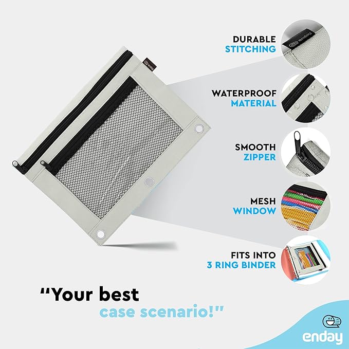 Enday Grey Pencil Pouch For 3 Ring Binder, Zippered Binder Pencil Pouches, 3 Ring Pencil Pouch for Binder, Pencil Case for Binder, Large Pencil Bags for School, Home, and Office