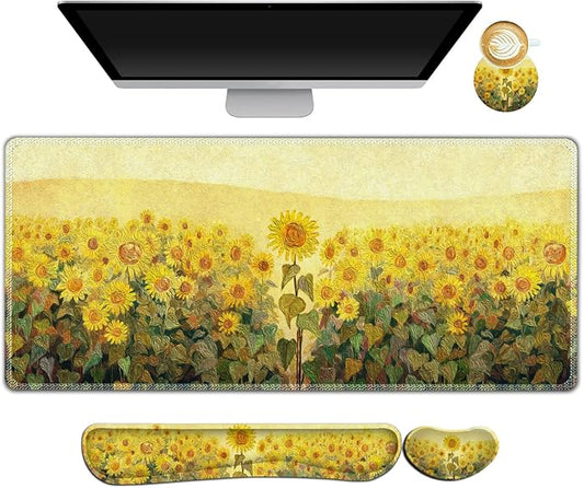AIMSA Keyboard Mouse Pad Wrist Rest, Extended Gaming Mouse Pad +Wrist Support, Ergonomic Memory Foam,XXL Large Mousepad, 4Pcs (35×15.7 in) Desk Mat, Sunflower Oil Painting