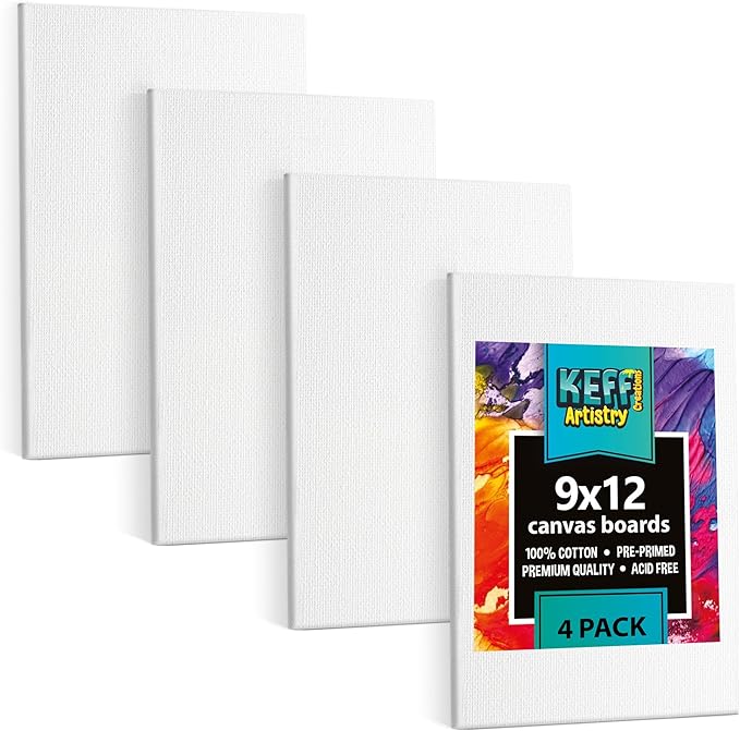 KEFF Canvas Boards for Painting - 9x12 4-Pack Bulk Canvas Panels Value Pack - 100% Cotton Triple Primed Canvases for Painting Supplies, Acrylic, Oil, Watercolor & Tempera