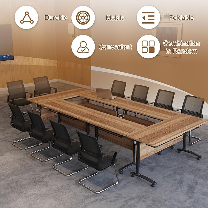 Folding Conference Room Table, Modern Conference Tables with Silent Wheels, Large Rectangular Mobile Training Tables for Office Classroom, Foldable Modular Boardroom Seminar Table (8pack L47.2in)