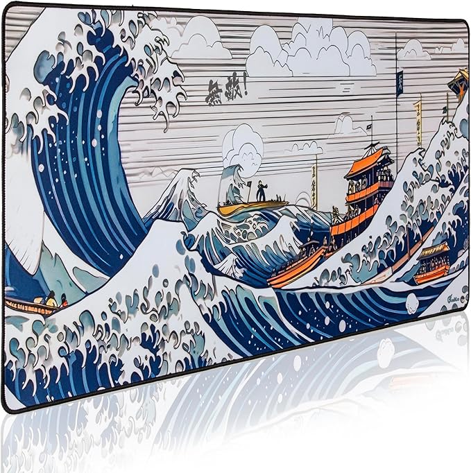 GUNMJO Ocean Wave Extended Gaming Mouse Pad, Ultra-Smooth Surface for Pixel-Precise Mouse Control, Durable Anti-Fray Stitching, Non-Slip Rubber Base, for Gamer, Office & Home, Light & Portable