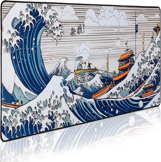 GUNMJO Ocean Wave Extended Gaming Mouse Pad, Ultra-Smooth Surface for Pixel-Precise Mouse Control, Durable Anti-Fray Stitching, Non-Slip Rubber Base, for Gamer, Office & Home, Light & Portable