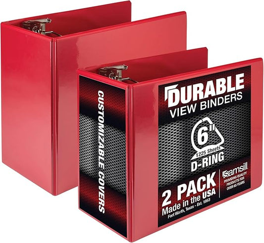 Samsill Durable 6 inch 3 Ring Binder, Made in USA, Locking D Ring FSC 100% Recycled Chipboard, Red, 2 Pack