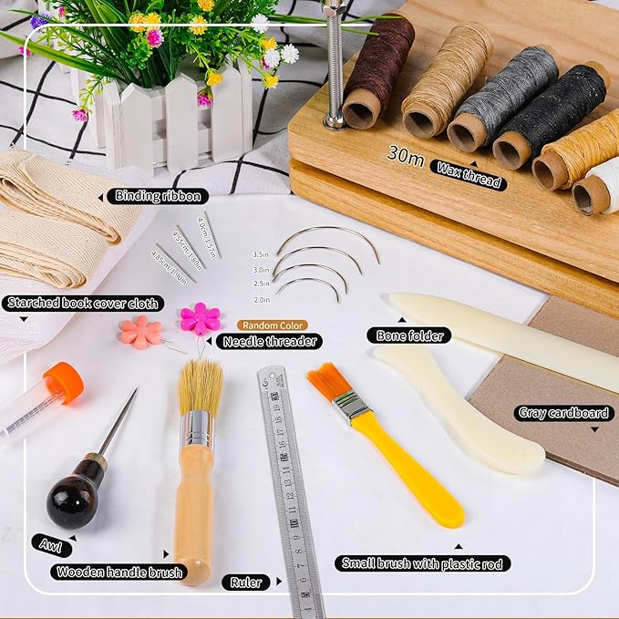 JUPEAN Book Binding Kits, Book Press, 7.9”x11.6”, Books Making Kit Bookbinding Supplies with Wooden Binding Press Books Cover Board Bone Folder Awl Bind Strap for DIY