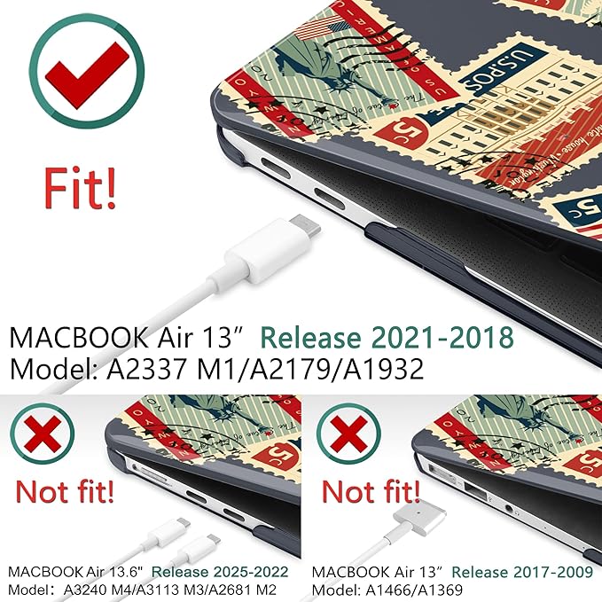DONGKE for MacBook Air 13 Inch Case 2021-2018, Compatible with A2337 M1 A2179 A1932 Support Retina Display & Touch ID, Hard Shell Plastic Cover with Keyboard Skin - Classic Stamps