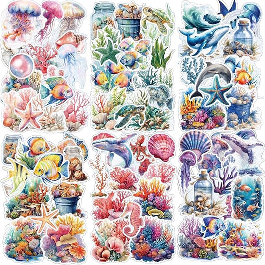 90 Pieces Ocean World Themed PET Sticker, Jellyfish Turtles Whales Dolphins Seahorses Sticker for Scrapbook DIY Crafts Planner Water Bottles Laptops