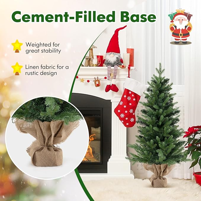 HAPPYGRILL 3FT Small Pre-Lit Christmas Tree, Mini Tabletop Xmas Tree with 363 Branch Tips, 50 LED Lights, Burlap Cement Base, Timer, Artificial Spruce Christmas Tree for Home Office Decor