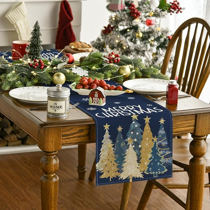 Artoid Mode Xmas Trees Snowflakes Blue Merry Christmas Table Runner, Winter Seasonal Kitchen Dining Table Decoration for Home Party Decor 13x72 Inch