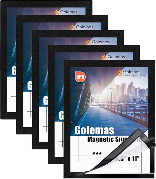Magnetic Sign Holder, 8.5 x 11 Wall Mount Self Adhesive Document Display Frames, Double Sided Display for Glass Window (Black, 5pack)