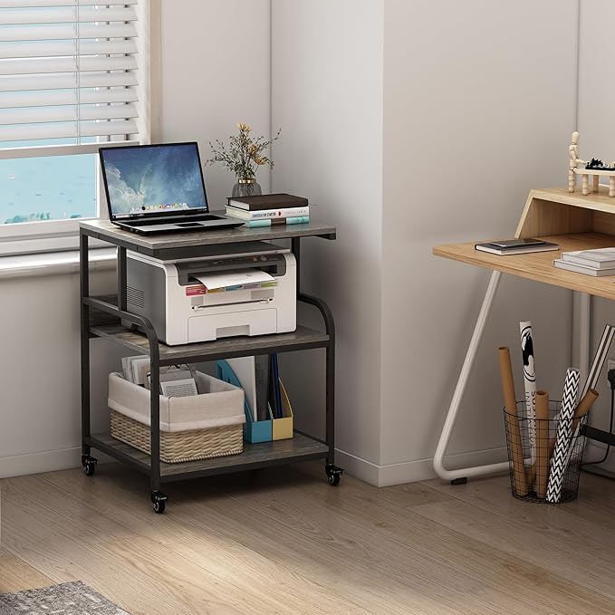 Large Printer Stand Table 23.6 x18.9 x 30 Inches with Height Adjustable Storage Shelf, 3 Tier Rolling Printer Cart with Wheels for Home Office, Gray