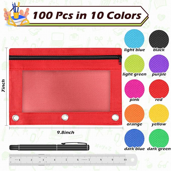 Pencil Pouch for 3 Ring Binder, 100 Piece Bulk 3 Holes Zipper Pencil Pouches in 10 Assorted Colors, Clear Durable Pencil Case for School, Classroom, Office Supplies
