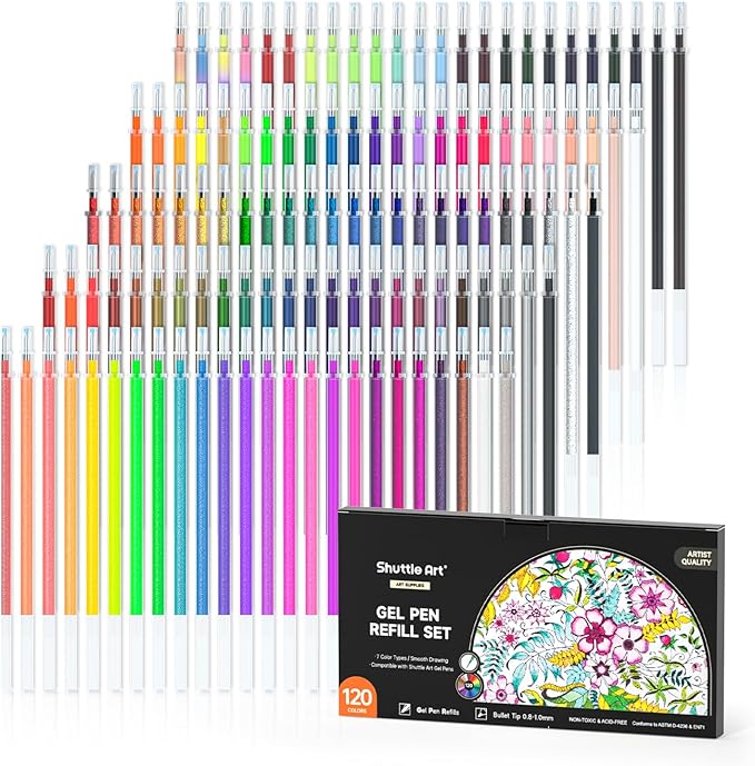 Gel Pen Refills, Shuttle Art 120 Colors (No Duplicates) Gel Pen Refills, 7 Color Types for Kids Adults Coloring Books Drawing Doodling Crafts Scrapbooking Journaling