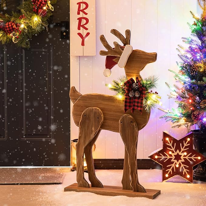 Glitzhome 36" H Lighted Wooden Christmas Chunky Reindeer Porch Sign Standing Deer Porch Decor Rustic Merry Christmas Welcome Sign Holiday Party Outdoor Indoor Xmas Decorations