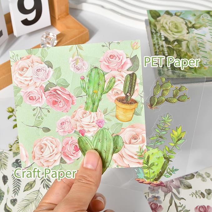 Snycler Scrapbooking Supplies, Vintage Journaling - 25 Sheets PET & 25 Sheets Paper Stickers, DIY Craft Stickers for Junk Journals, Ephemera Sticker Book, Green Leaf Themes, Pre-Cut Designs