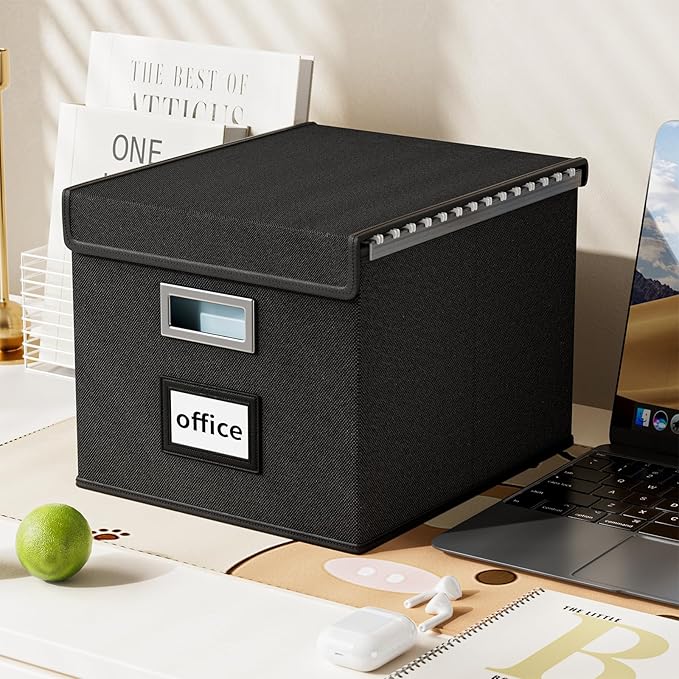 Huolewa New Portable File Organizer Boxes Set of 4, Collapsible Linen Hanging Filing Storage Boxes with Plastic Slide, Decorative Home/Office Filing System for File and Folders Storage (Black)