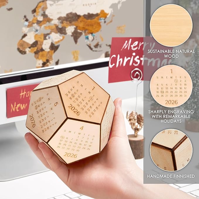 2026 Desk Calendar Wood Dodecahedron, DnD Gifts for Men, Funny Office Gifts for Coworkers, Unique Mens Desk Accessories, Christmas Gift Ideas for Boss Male, Employee, White Elephant Exchange