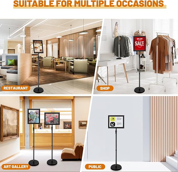 Poster Sign Stand Holder Adjustable Heavy Duty Aluminum Pedestal Floor Standing Sign Holder Vertical and Horizontal View Sign Displayed Snap Open,Advertising Display Stand (Black, 8.5x11inches)